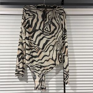 Neutral Zebra-Print Long Sleeve Bodysuit with Front Zip